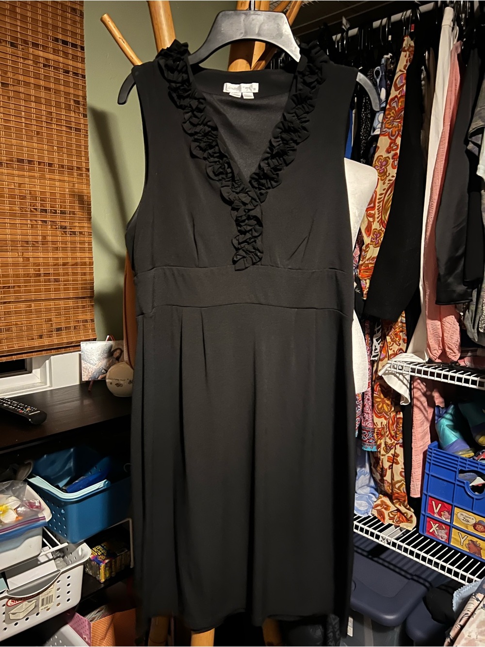 London Times Black Ruffle V-Neck Sleeveless Dress